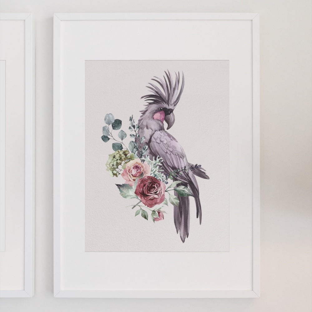 Floral Black Cockatoo Watercolor Illustration Wall Art Print Poster Unframed - Picture 4 of 10